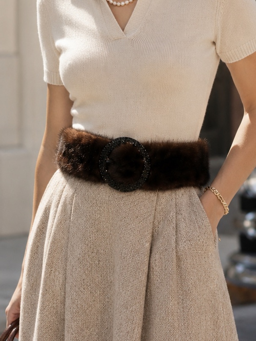 Vintage 50s Mink Dark Brown Fur Wide Brown Belt Decorative Round Black Buckle 32